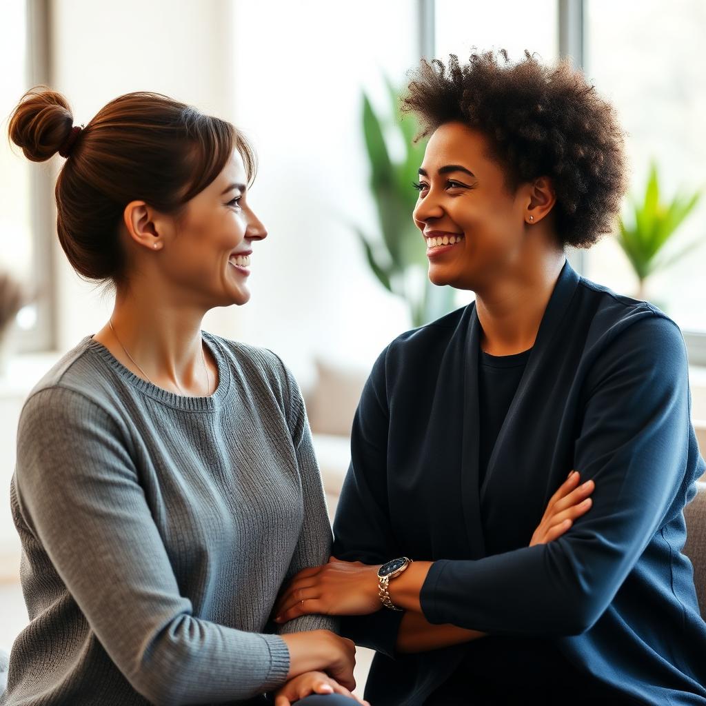 Smiling mental health clinician talking warmly with a client in a bright office