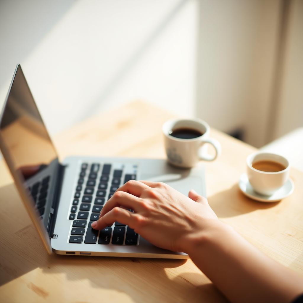 Hands typing on a laptop with a warm cup of coffee nearby